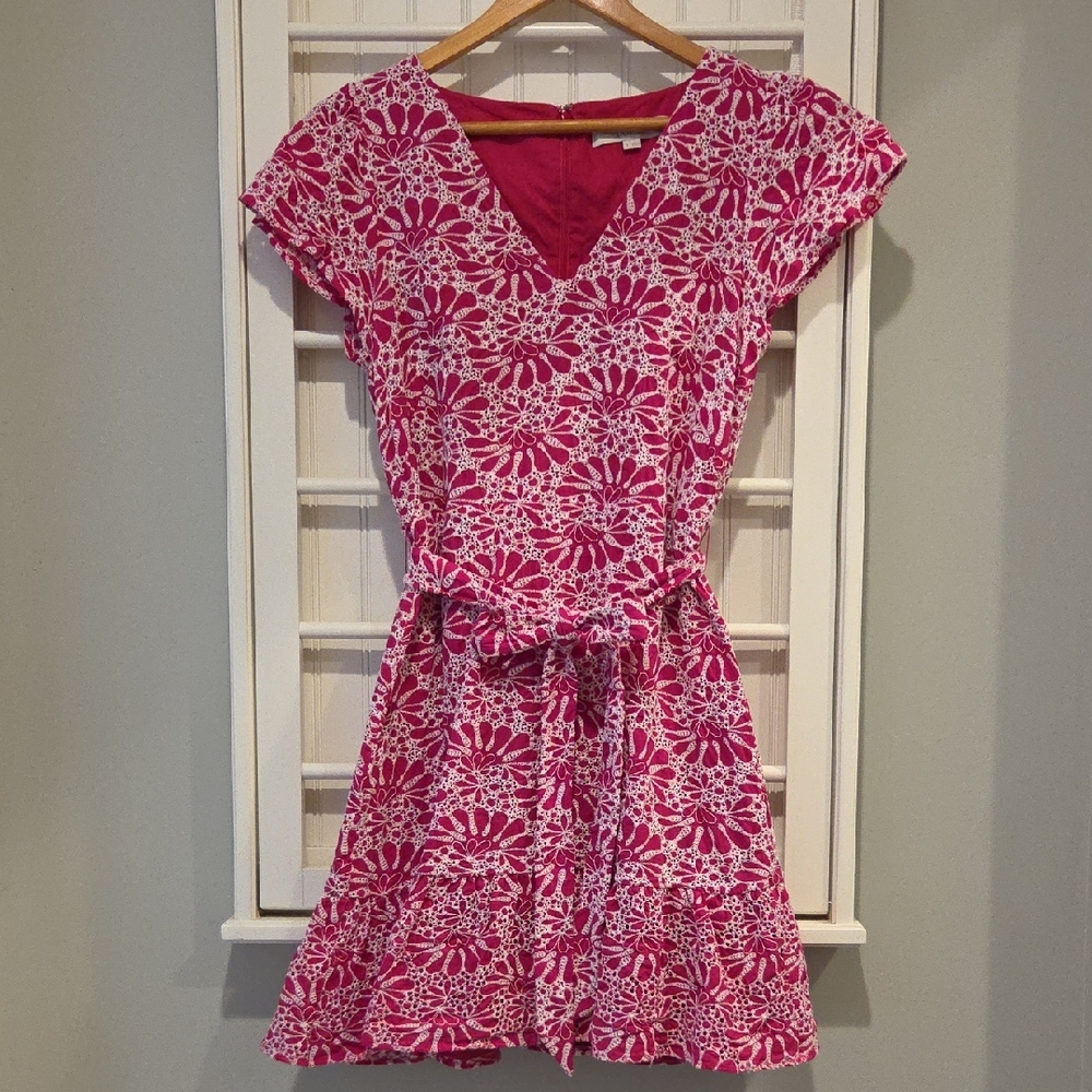 LOFT Pink and White Embroidered Dress Size 4